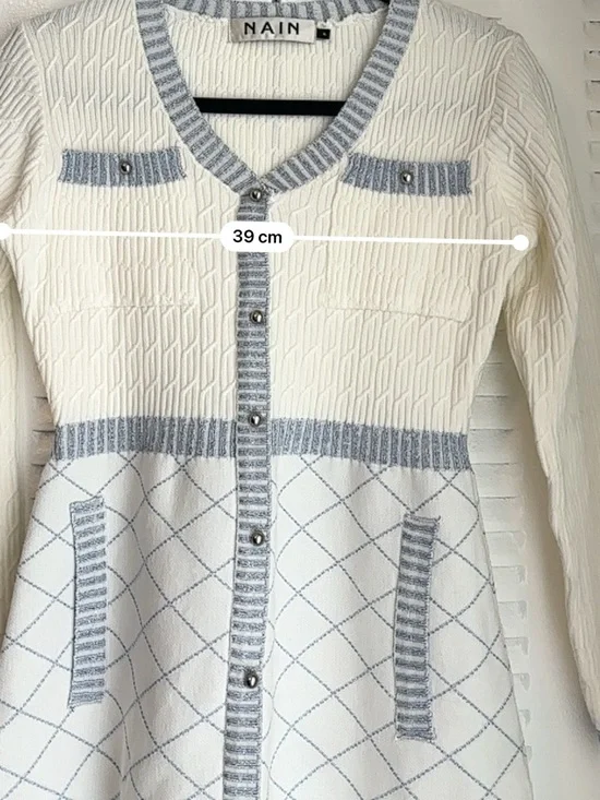 NAIN White Blue Knit Cardigan Dress Button Front Chic Feminine Style - Picture 13 of 16